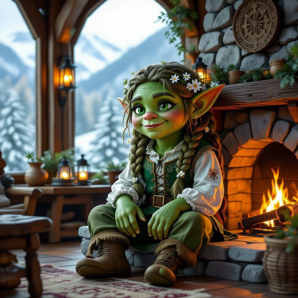 Bavarian Troll in Alpine Room, Painterly Style