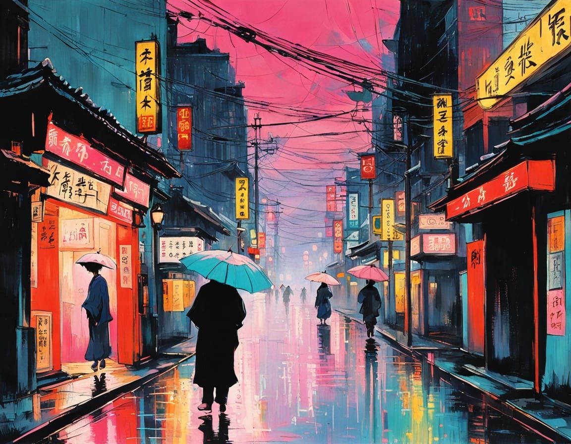 Surreal Tokyo Nightscape in Neo-Impressionistic Gouache