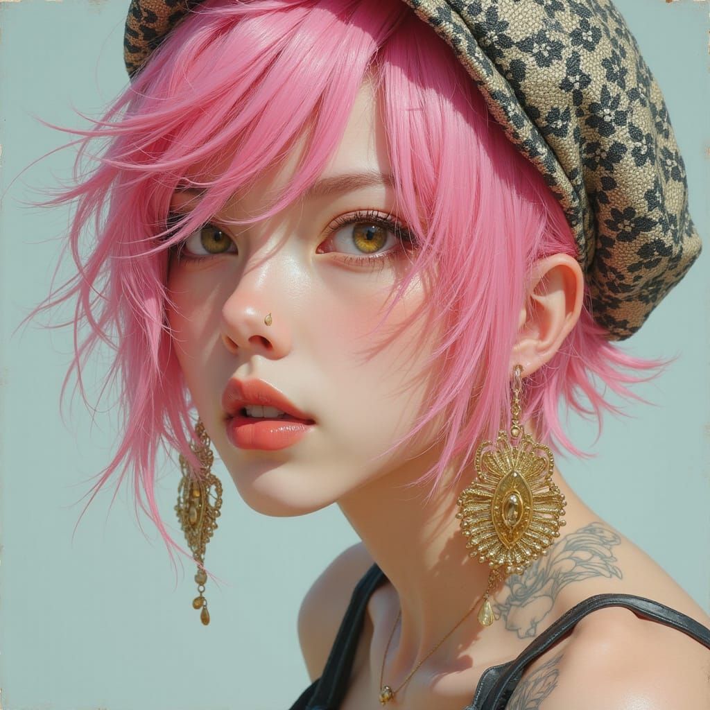 Korean Idol with Pink-White Hair and Neon Eyes