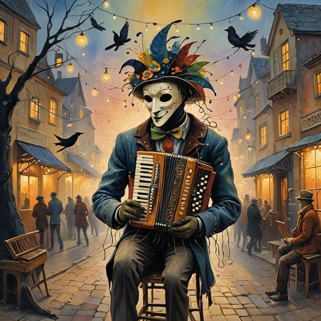 Surreal Carnival Accordion Player in Chagall Style