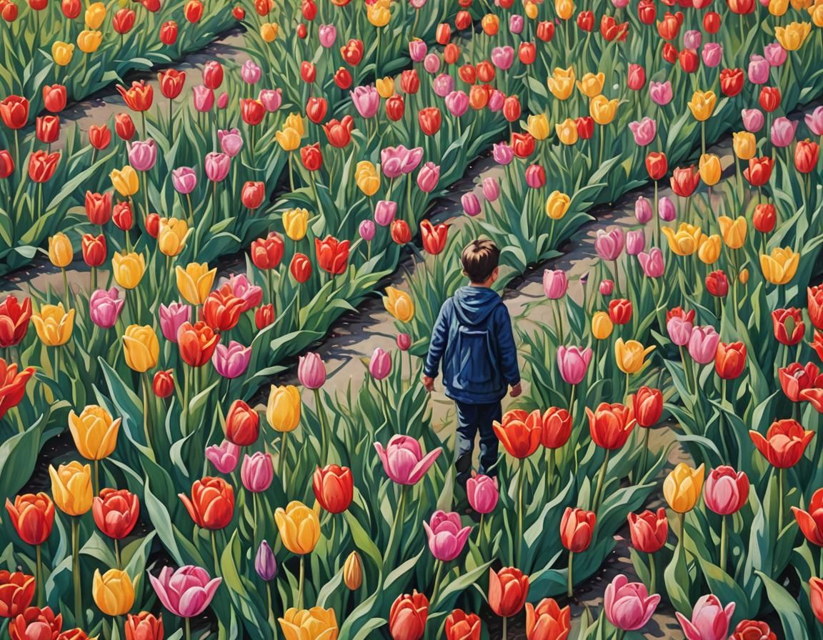 Tulip Path Gouache Painting in Impressionist Style