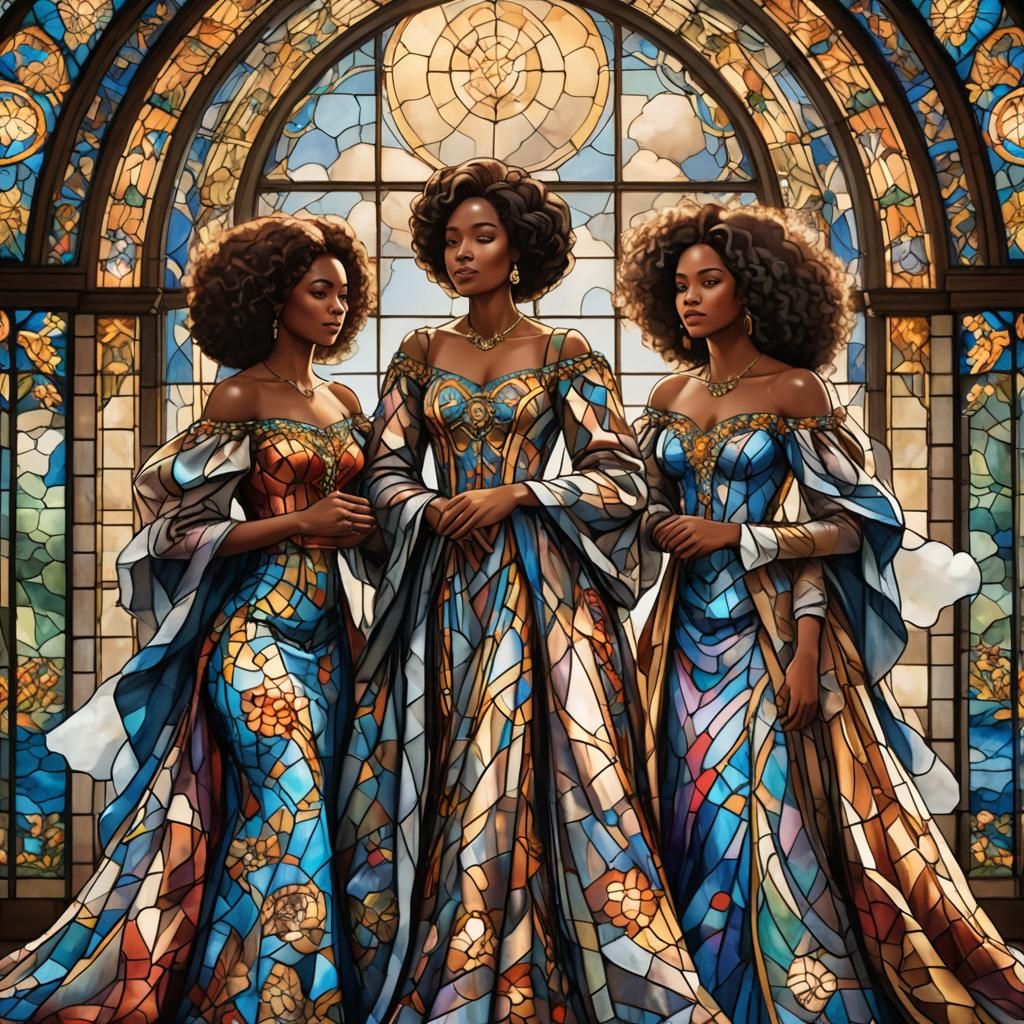 A circle of seven African American women, dressed in exquisite stained glass-patterned gowns, stands embraced in unity a...