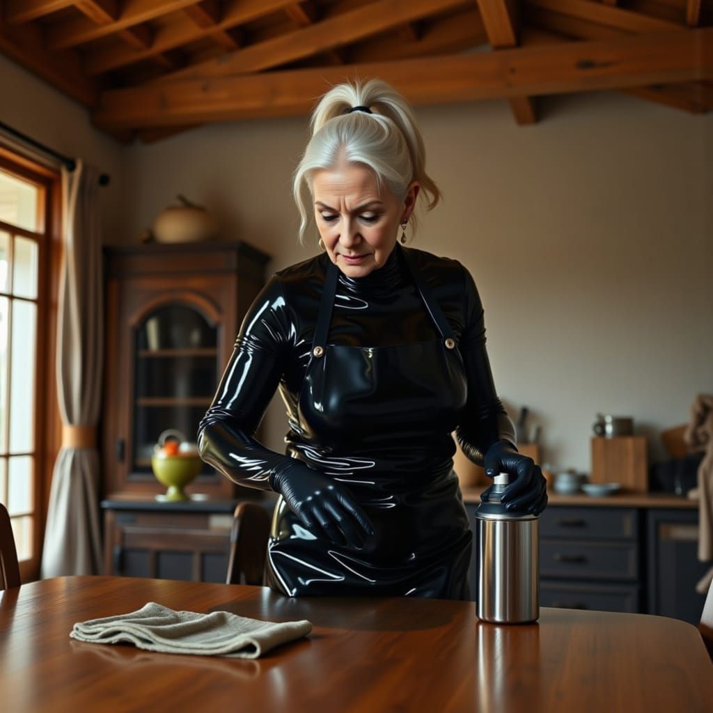 Elegant Woman in PVC Catsuit Polishing Rustic Table