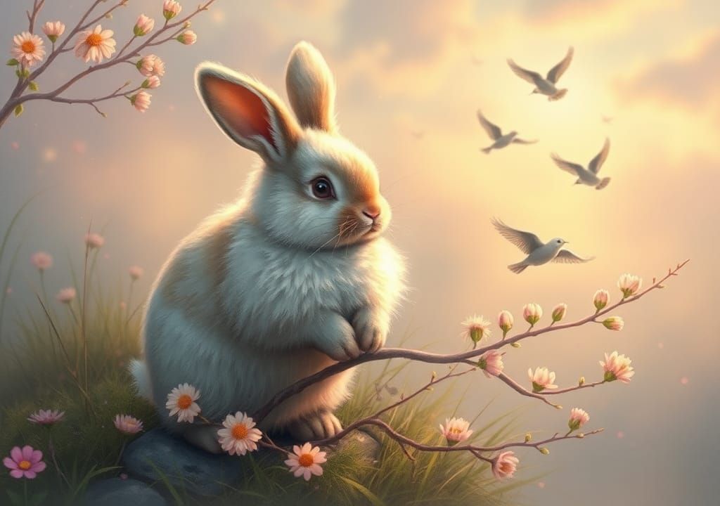 Fluffy Bunny in Romantic Dreamcore Bird Scene