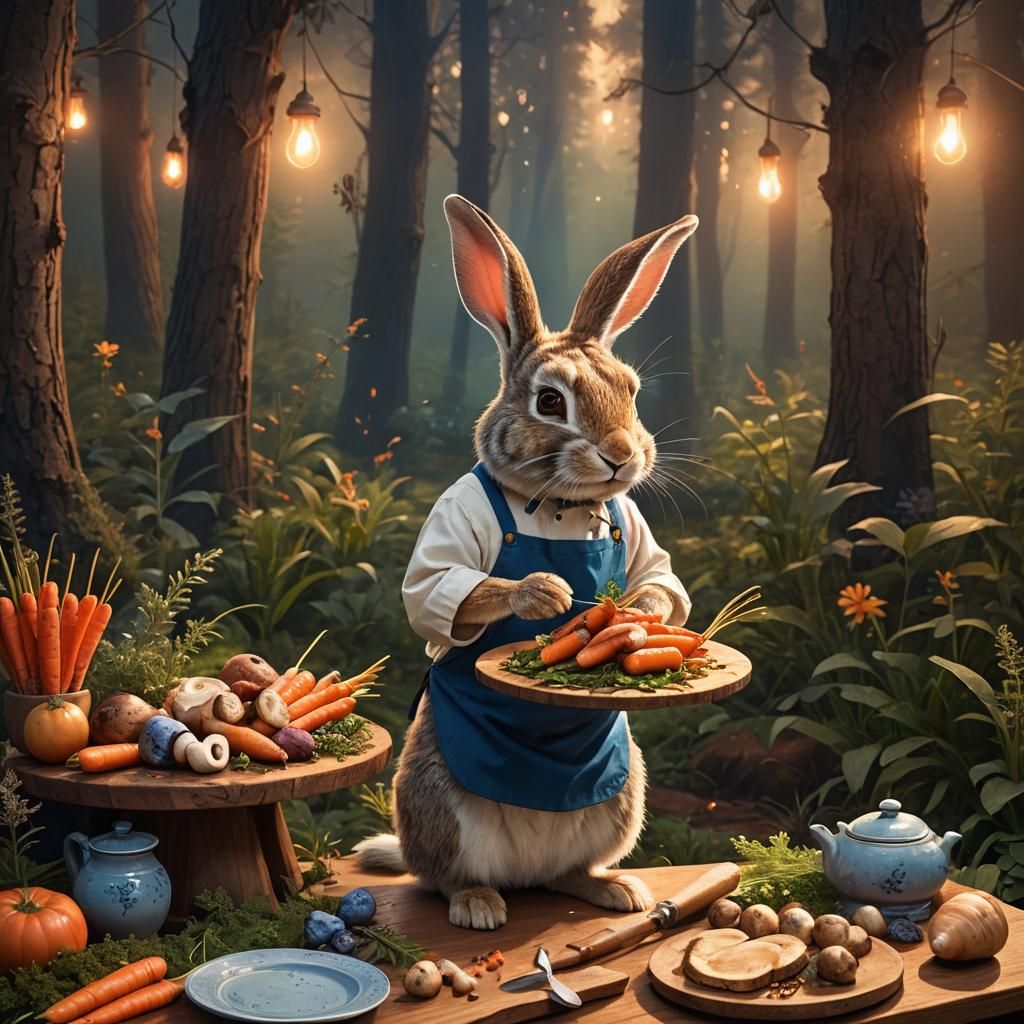 Rabbit Chef Plates Carrots in Whimsical Woodland