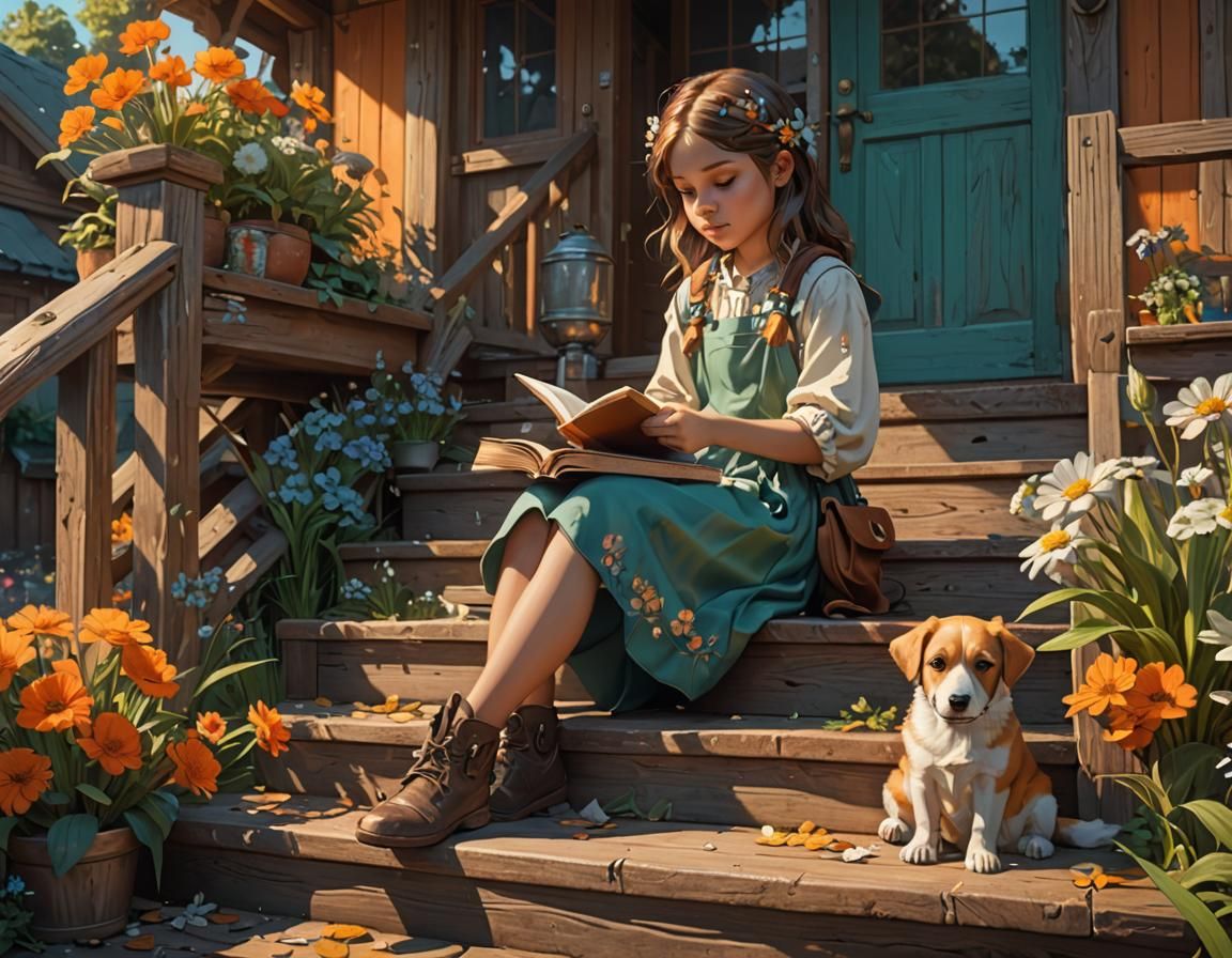 Girl and Dog Reading: Hyperdetailed Concept Art