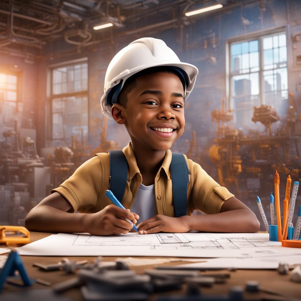 Young Engineer Drawing a Building in Pixar Style