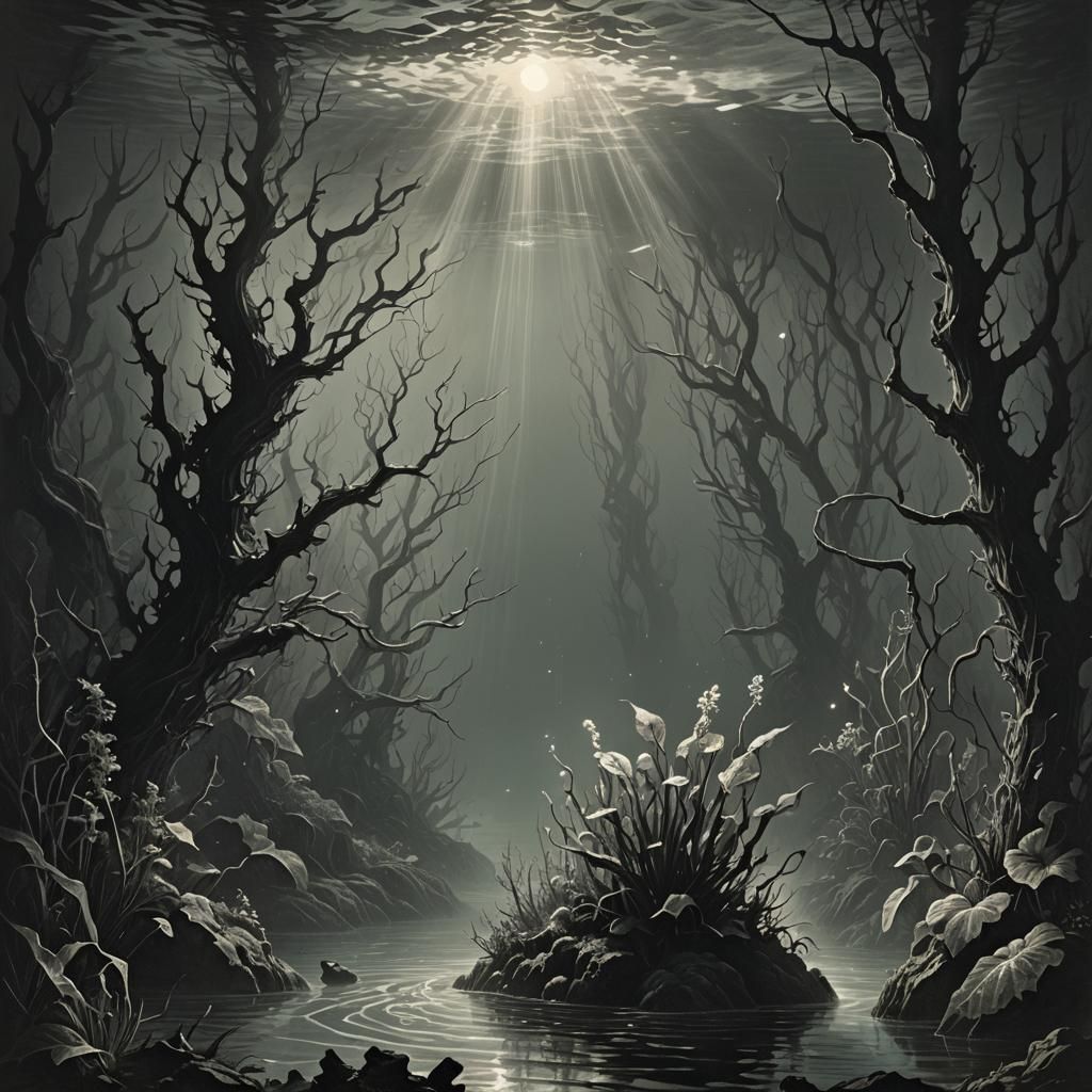 Eerie Underwater Scene with Bioluminescent Plant