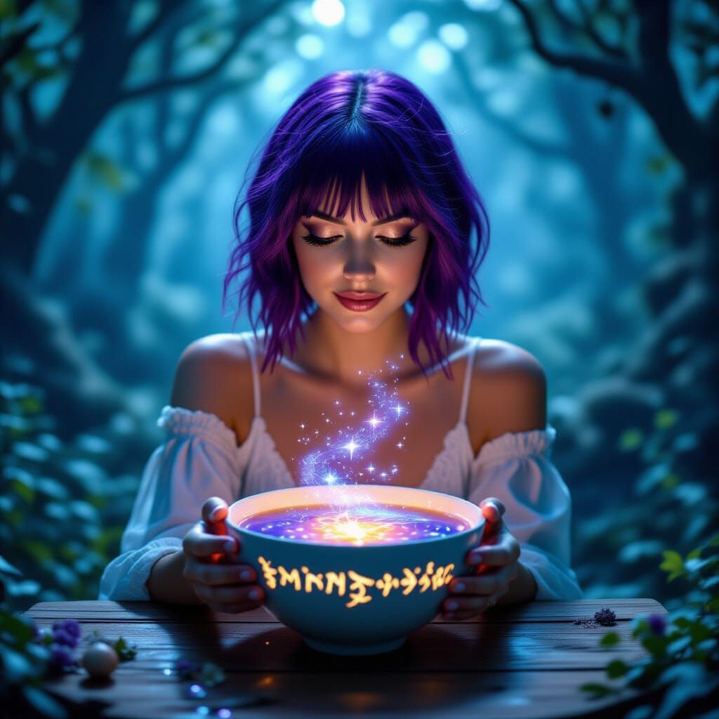 Woman with Purple Hair Holds Bowl of Starlight Soup in Encha...