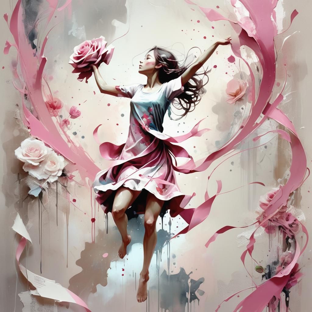 Woman Jumping with Pink Ribbons in Mixed Media Style