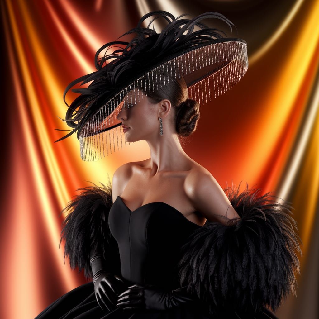 Elegant Woman in Black Gown and Feathered Hat
