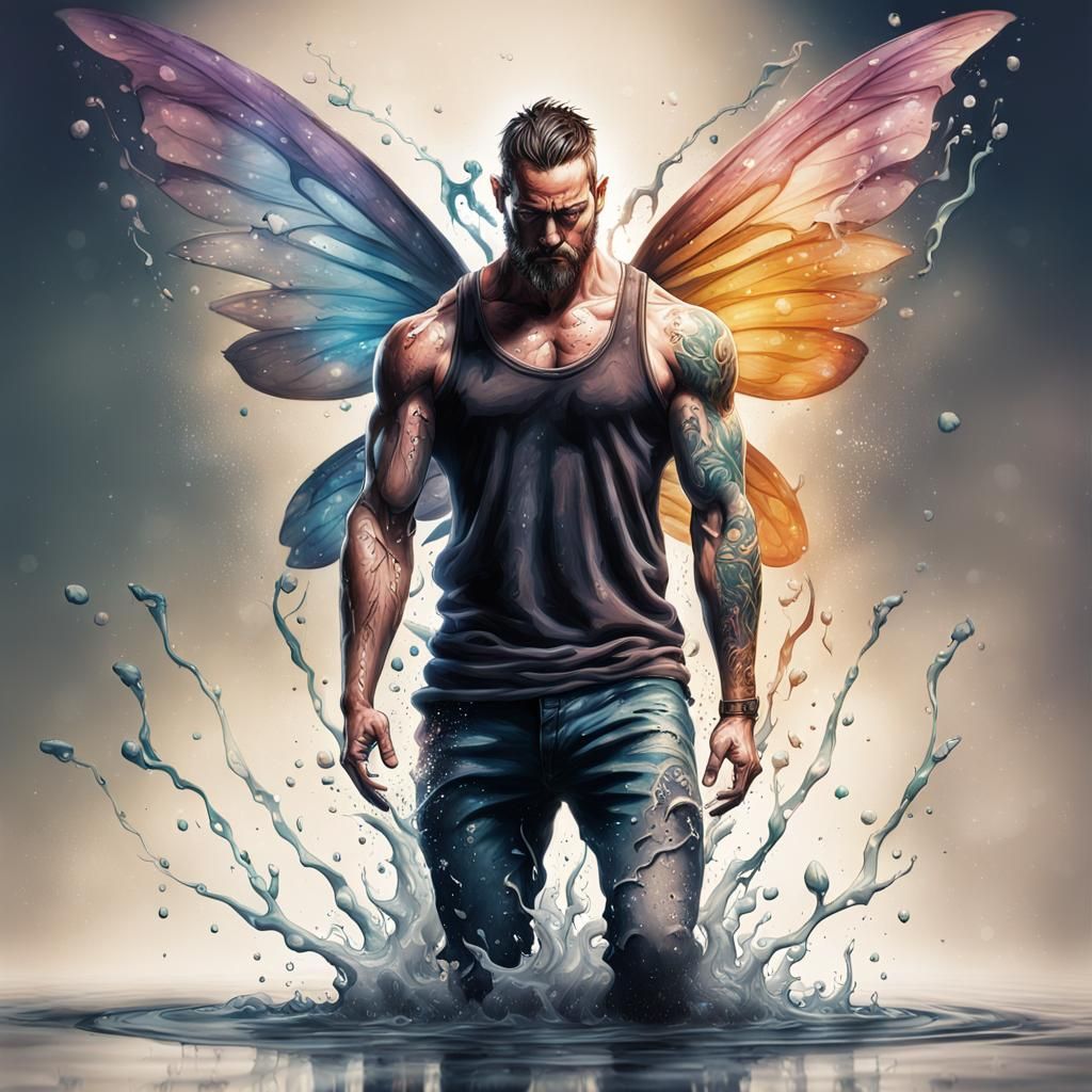 Hyperrealistic Man with Fairy Tattoo and Ink Fairy