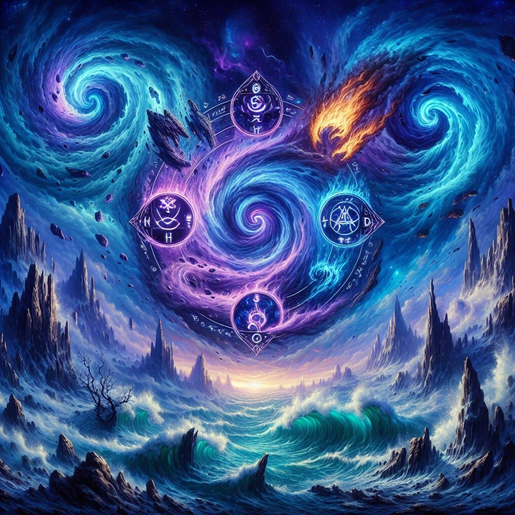 Cyan and Purple Cosmic Landscape with Vortexes