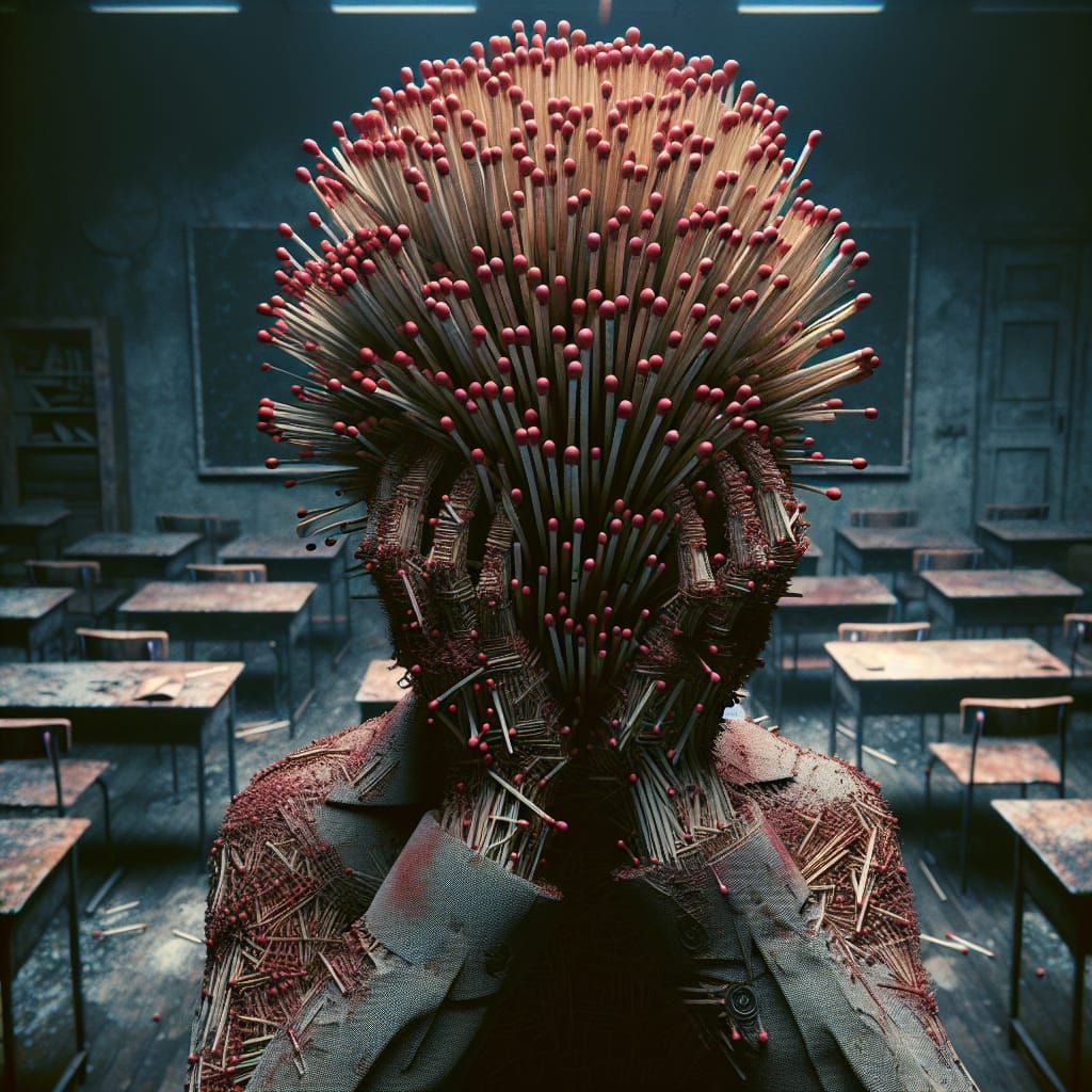 Surreal Figure with Burning Match Head in Desolate Classroom