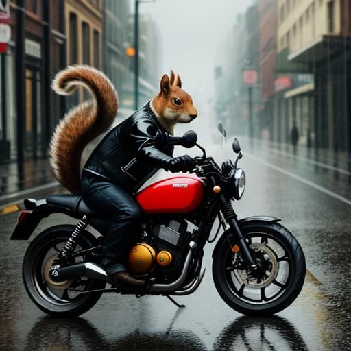 Squirrel on a motorcycle on a rainy street