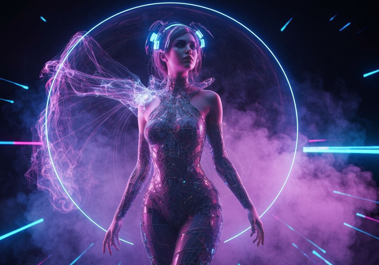 Ethereal Woman in Futuristic Neon Landscape