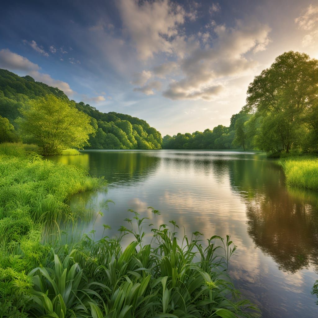 Peaceful Lake Landscape in Golden Hour