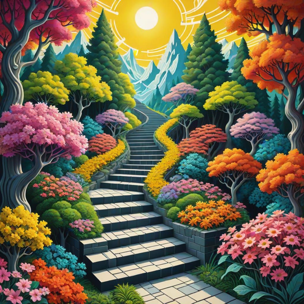 Impossible Stairs Amidst Vibrant Trees in Escher Style