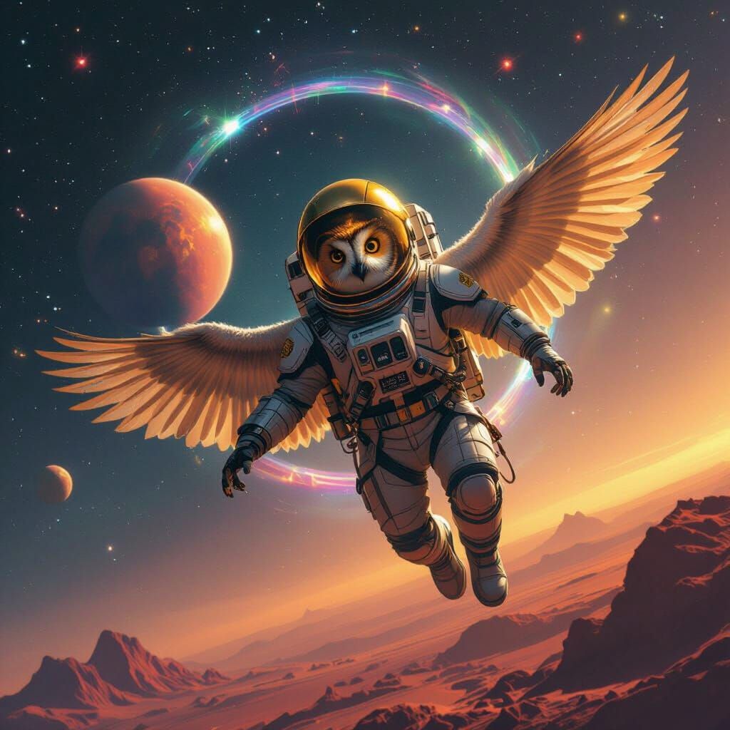 Owl Astronaut Navigates Lions Gate Portal