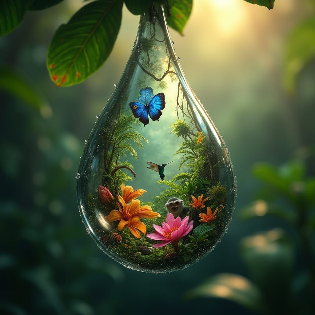 Surreal Rainforest Within a Single Raindrop in Hyperrealism