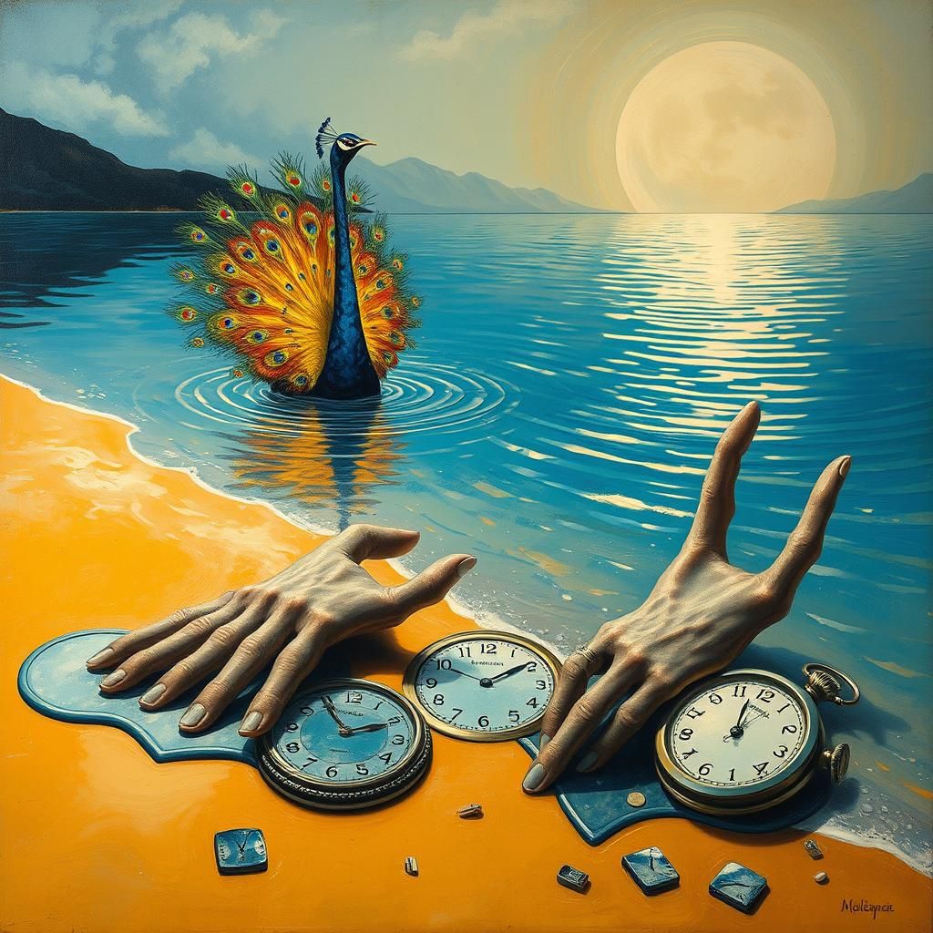 Surreal Peacock Landscape with Melting Clocks