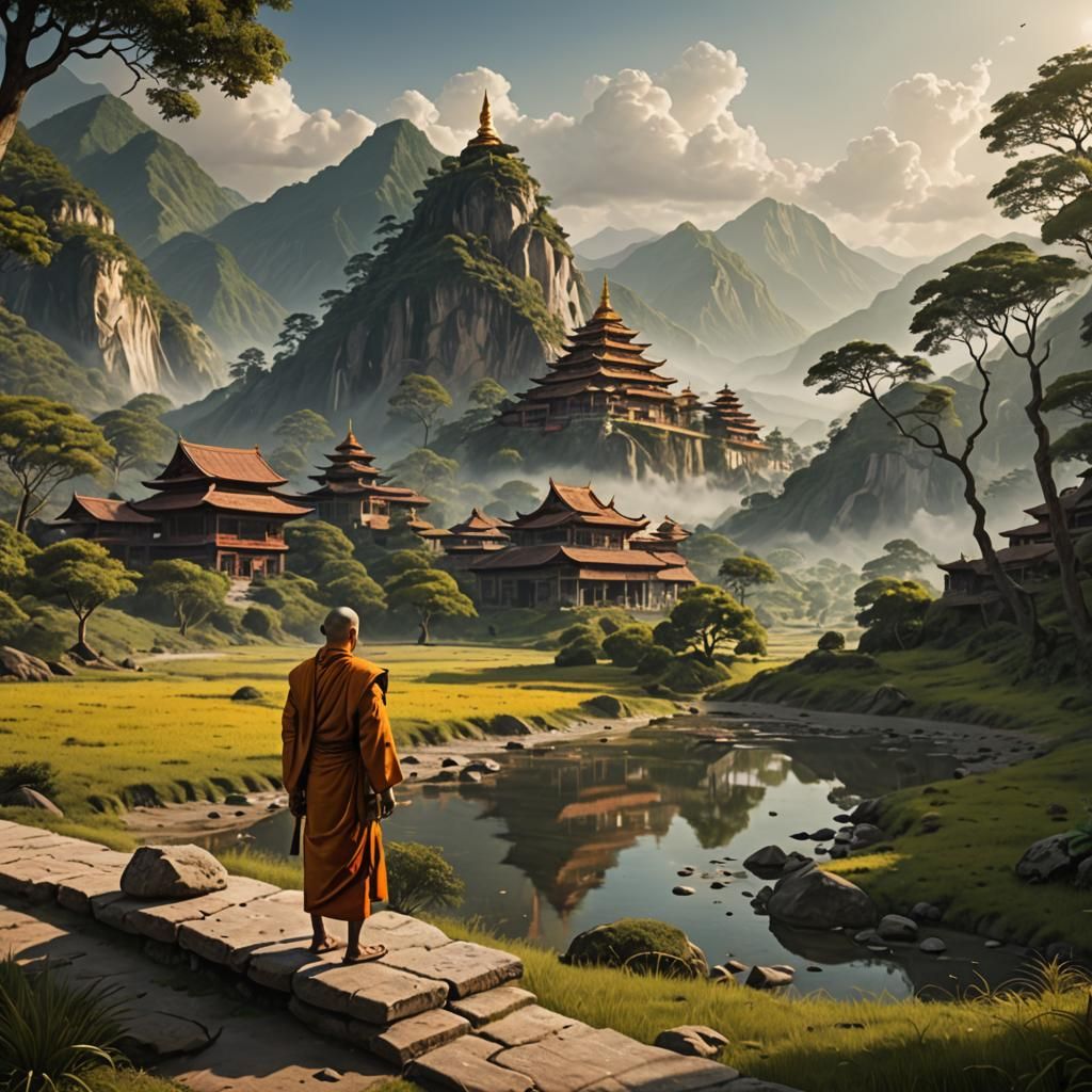 Monk in Samadhi in Serene Landscape