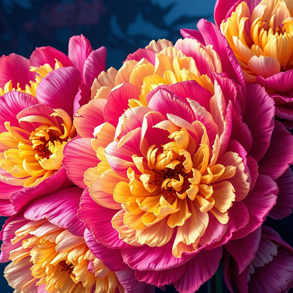 Magenta and Yellow Peonies in Matte Painting Style