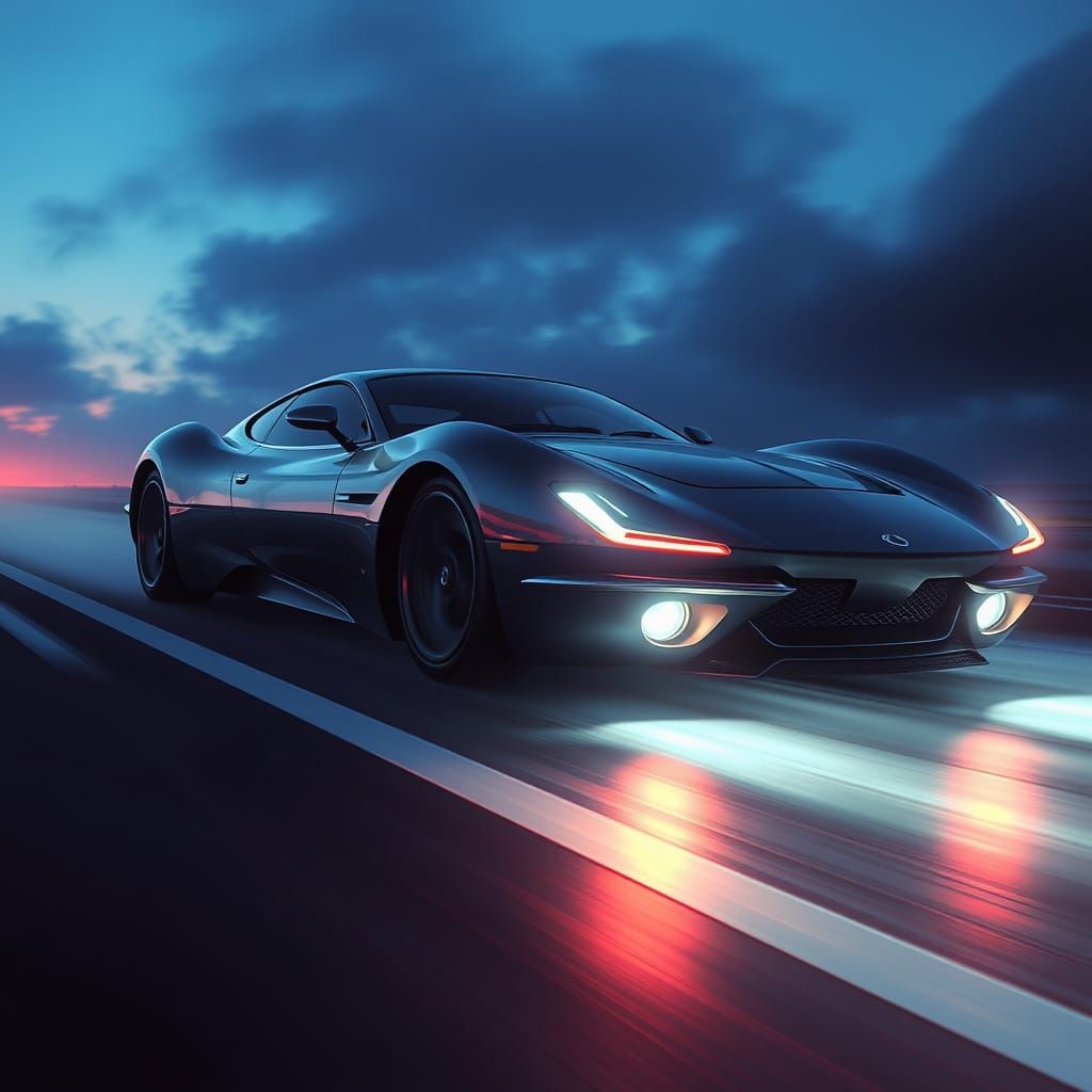 Futuristic Car Speeding on Highway in Digital Art Style