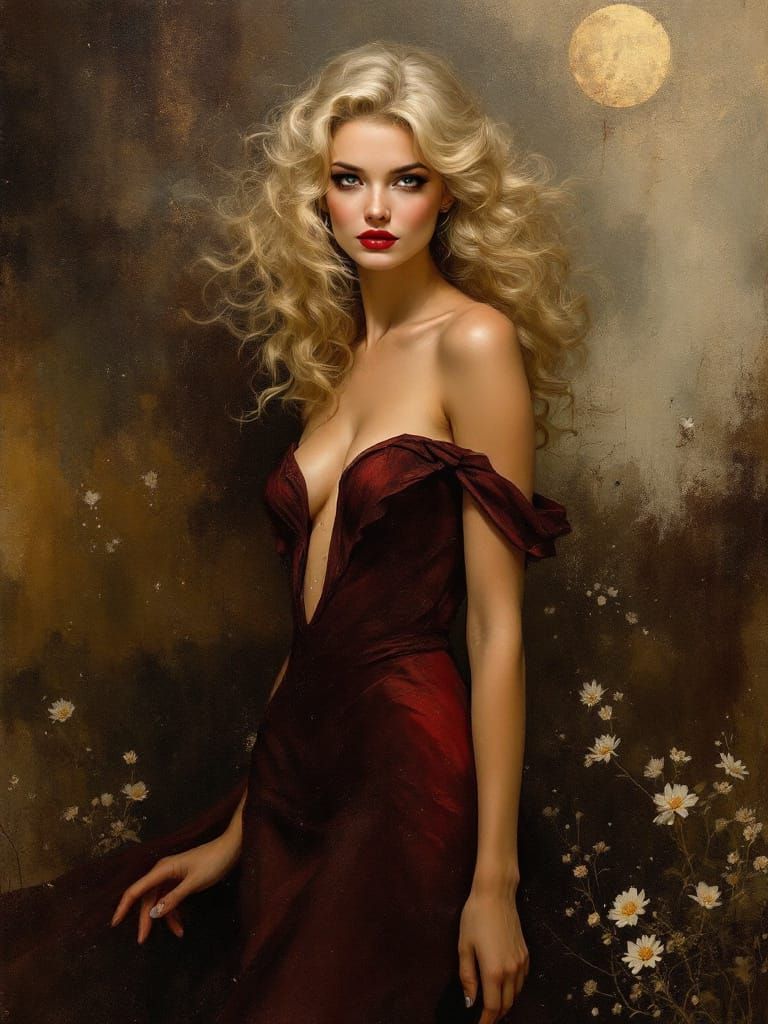 Blonde Pin-Up Woman in Maroon Dress, Atmospheric Oil Paintin...