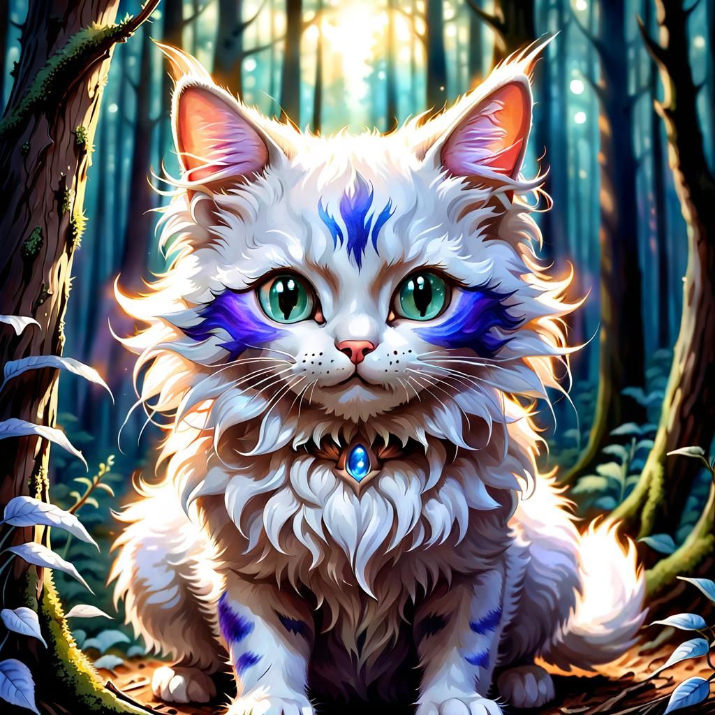 Sorcerer Cat in the Woods as Watercolor Painting