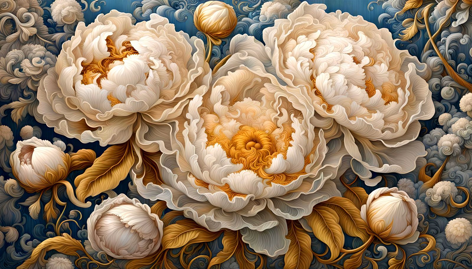 Elaborate Embroidered Peonies Tapestry in Creamy White