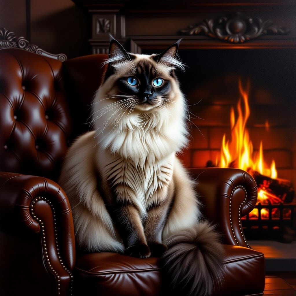 Majestic Siamese Cat by Warm Fireplace in Matte Painting Sty...