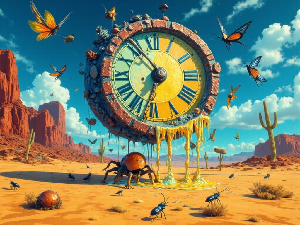 Surreal Melting Clock in Desert with Insects