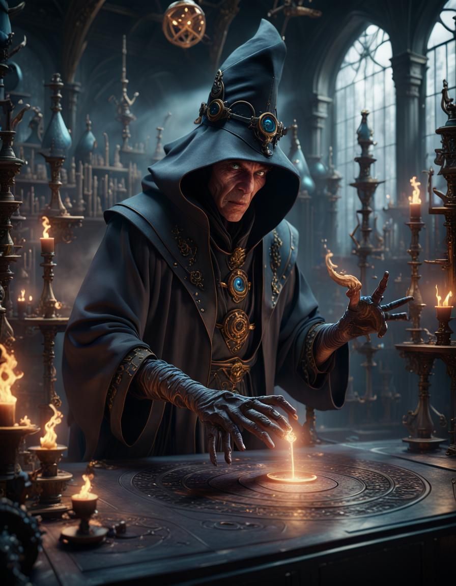 Masked Sorcerer Practicing Dark Arts in Laboratory