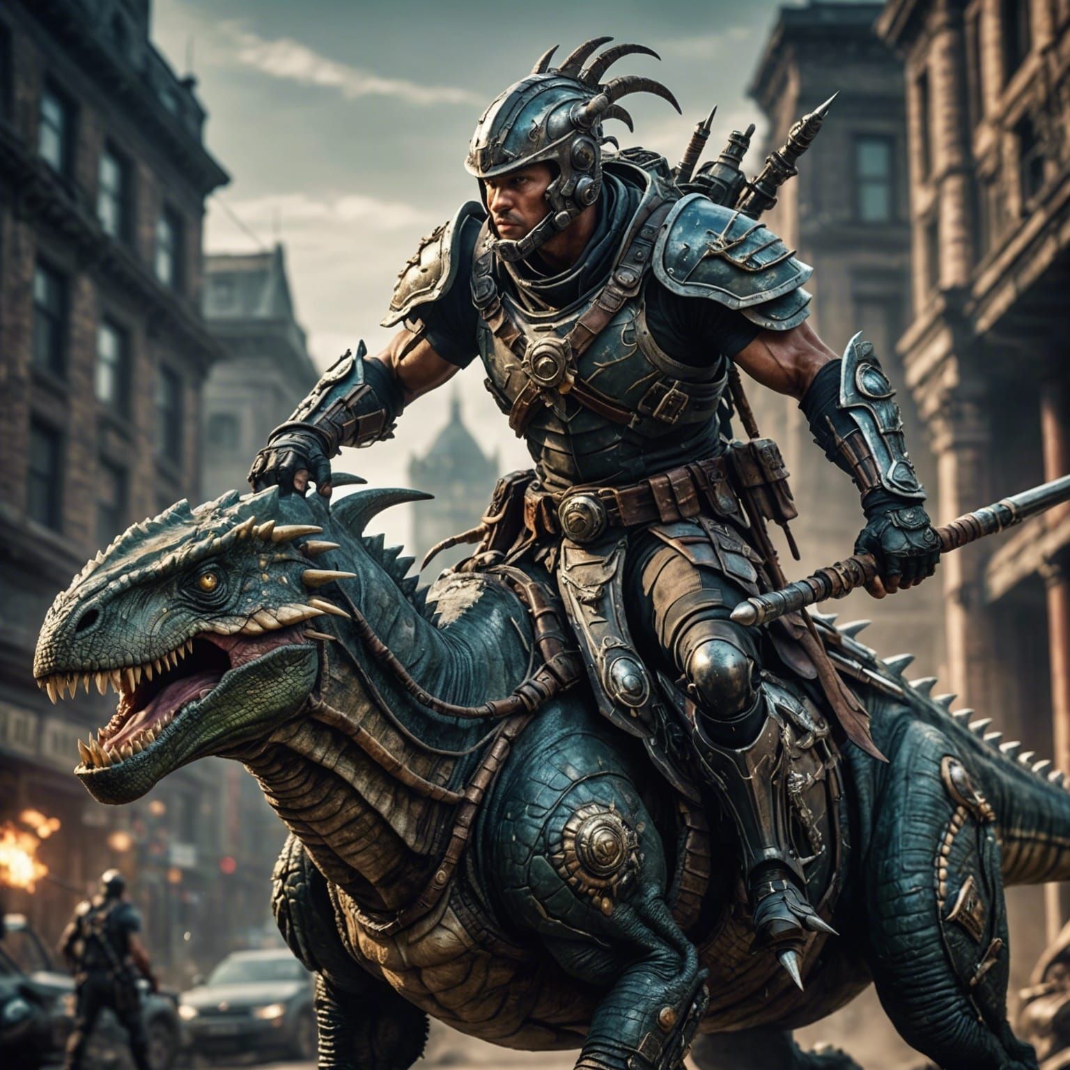 Biopunk Warrior on Dinosaur, Hyperrealistic Close-Up