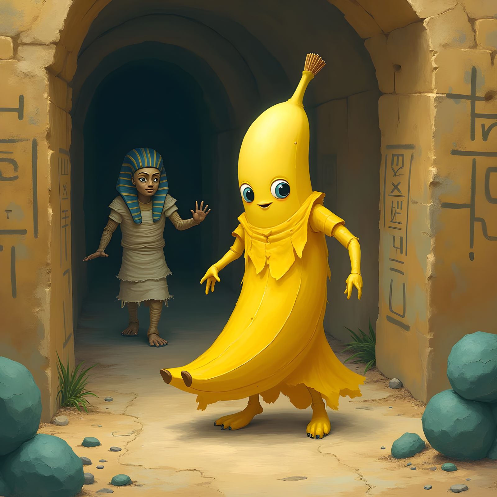Whimsical Banana Monster in Ancient Egyptian Wonderland