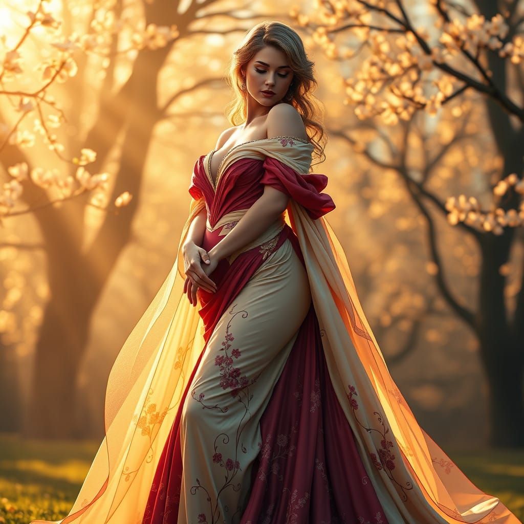 Regal Woman in Springtime Elegance, Crimson Silk Gown