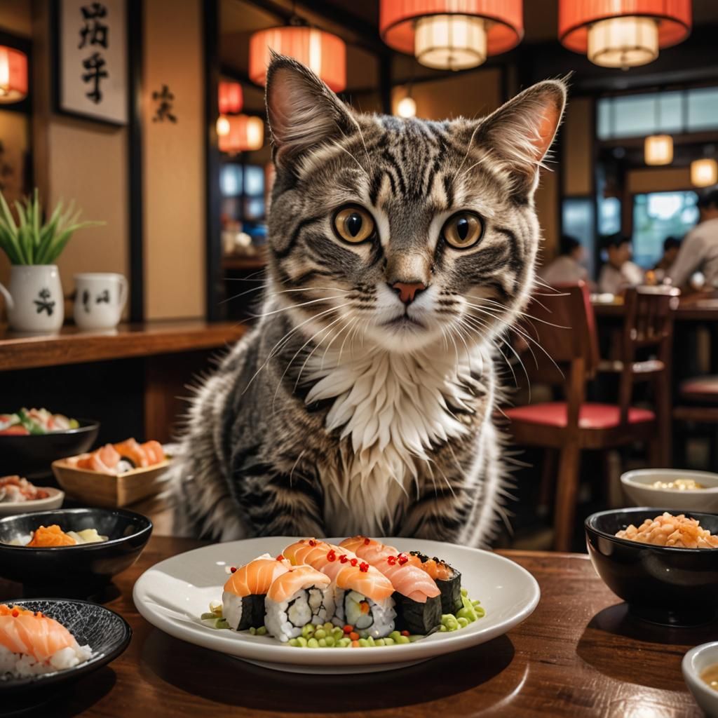 Angel Cat Enjoying Sushi Dinner
