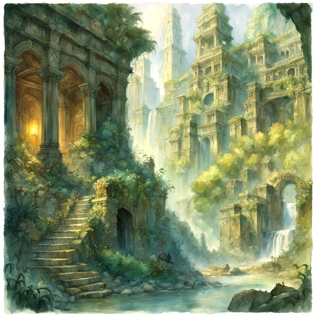 Ancient Jungle Ruin City with Waterfalls and Mist
