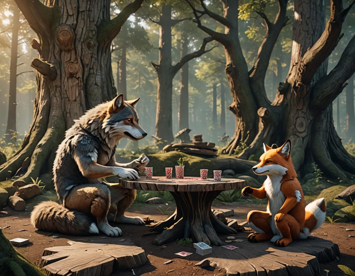 Wolf and Fox Card Game: 3D Cinematic Render