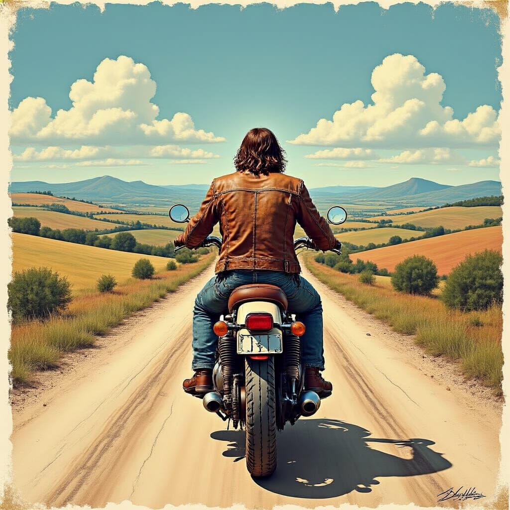 Jesus's Motorcycle Journey in Surreal Expressionist Style