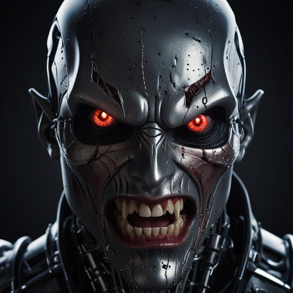 Half Robot Vampire Snarl in Dark Fantasy Style