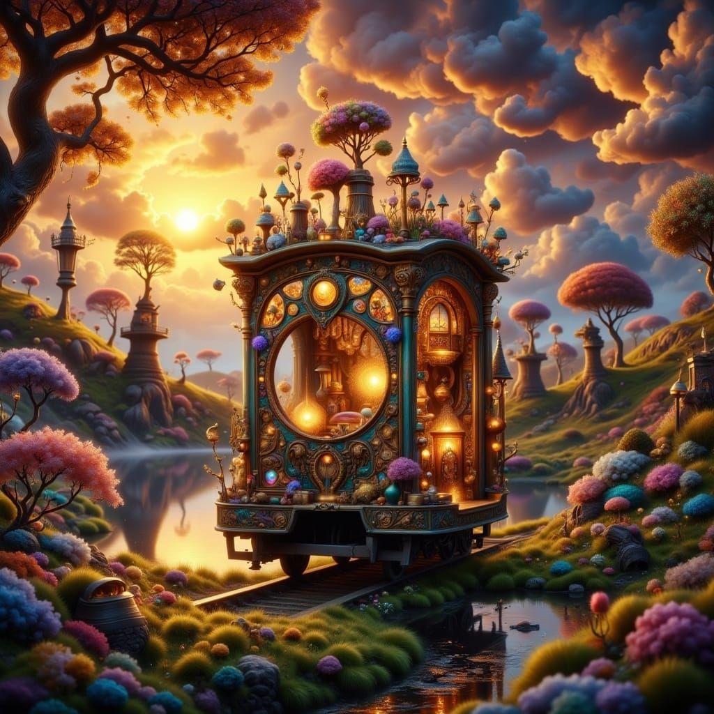 Whimsical Train Journey Through a Surreal Landscape