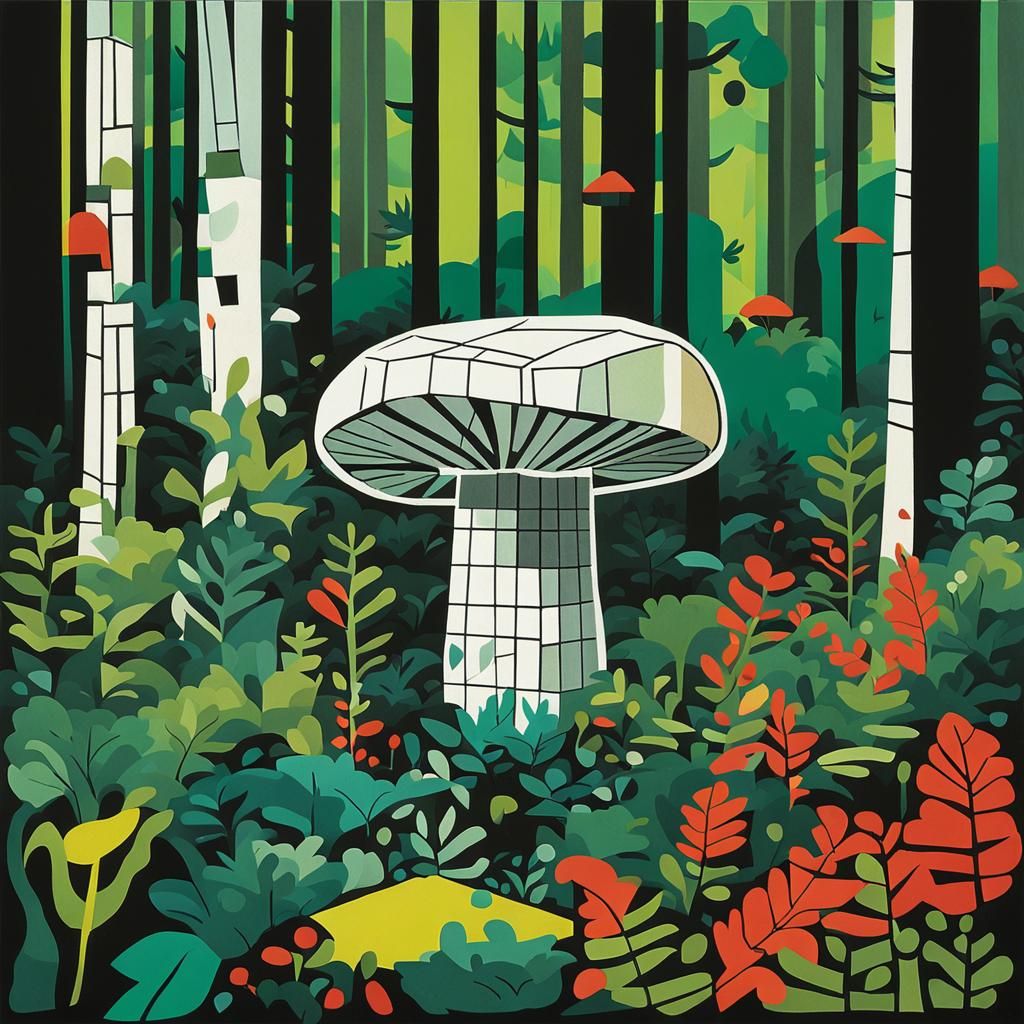 Cubist Mushroom in Forest, Stuart Davis Style