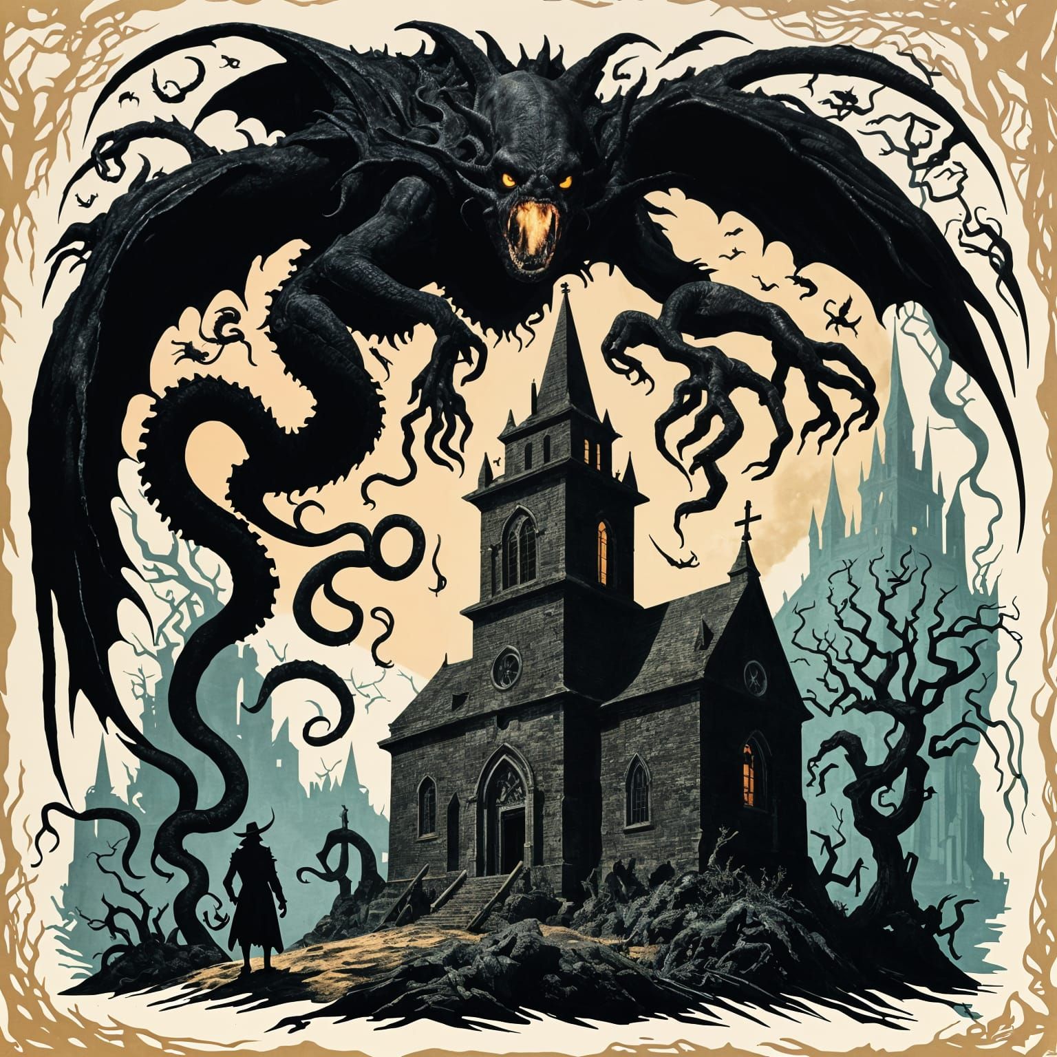 Cthulhu Silhouette Looms Over Church: Fantasy Collage