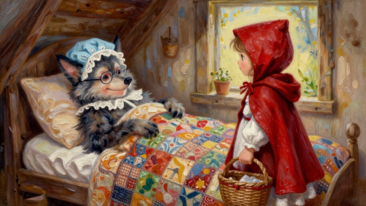 Little Red Riding Hood with Werewolf in Cozy Cabin