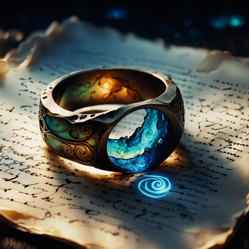 Luminescent Elven Ring on Parchment in Dark Fantasy Style