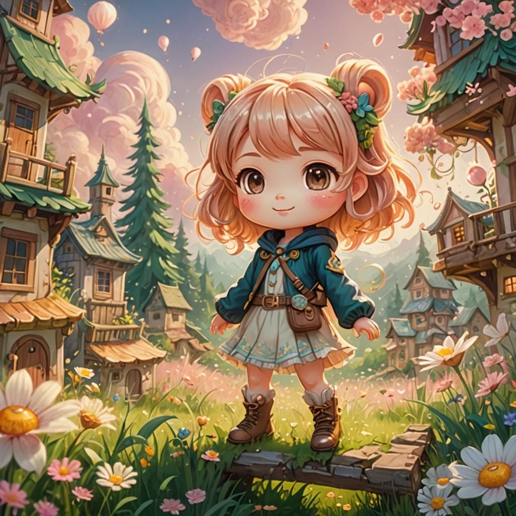 Dreamy Chibi Character in Lush Meadow, Storybook Illustratio...