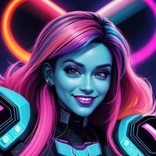 Happy Woman with Neon Hair in Synthwave Style