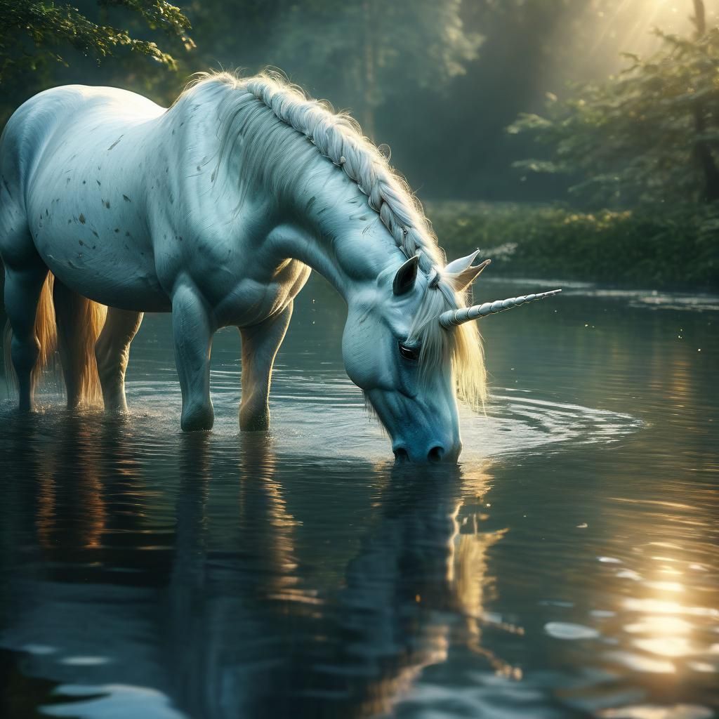 Unicorn Drinks in Ethereal Fantasy Landscape